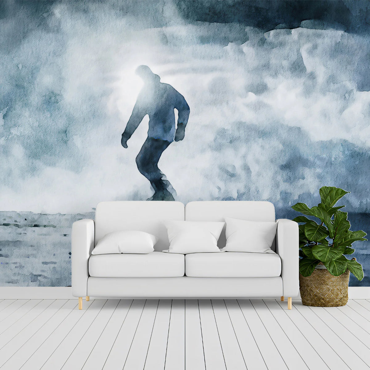 Snowboarder Silhouette Mural Wallpaper — Moody Watercolor Alpine Art Mural Wallpaper - pure wallpaper artwork