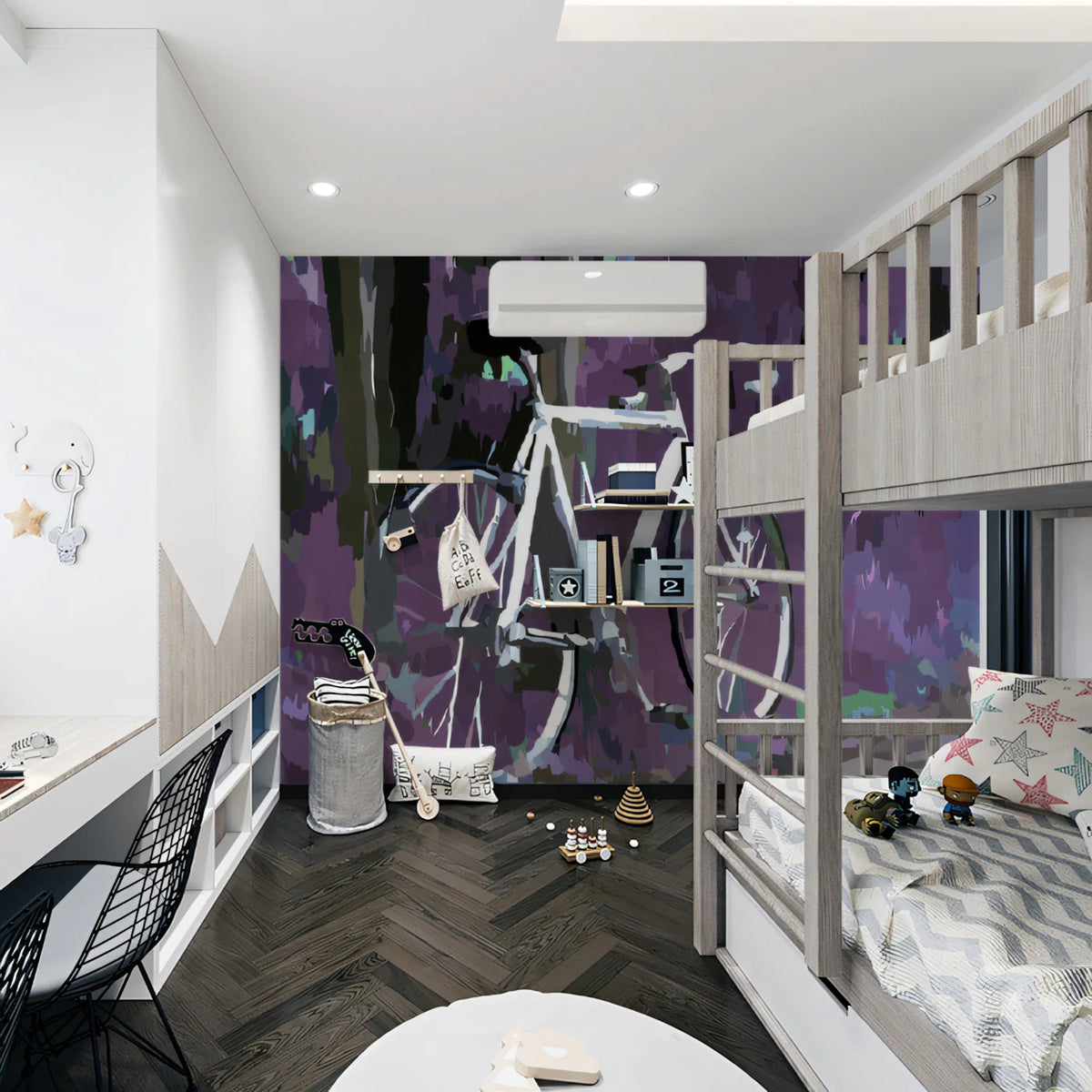 Abstract Bicycle Forest Mural Wallpaper — Surreal Violet Art Mural Wallpaper - pure wallpaper artwork