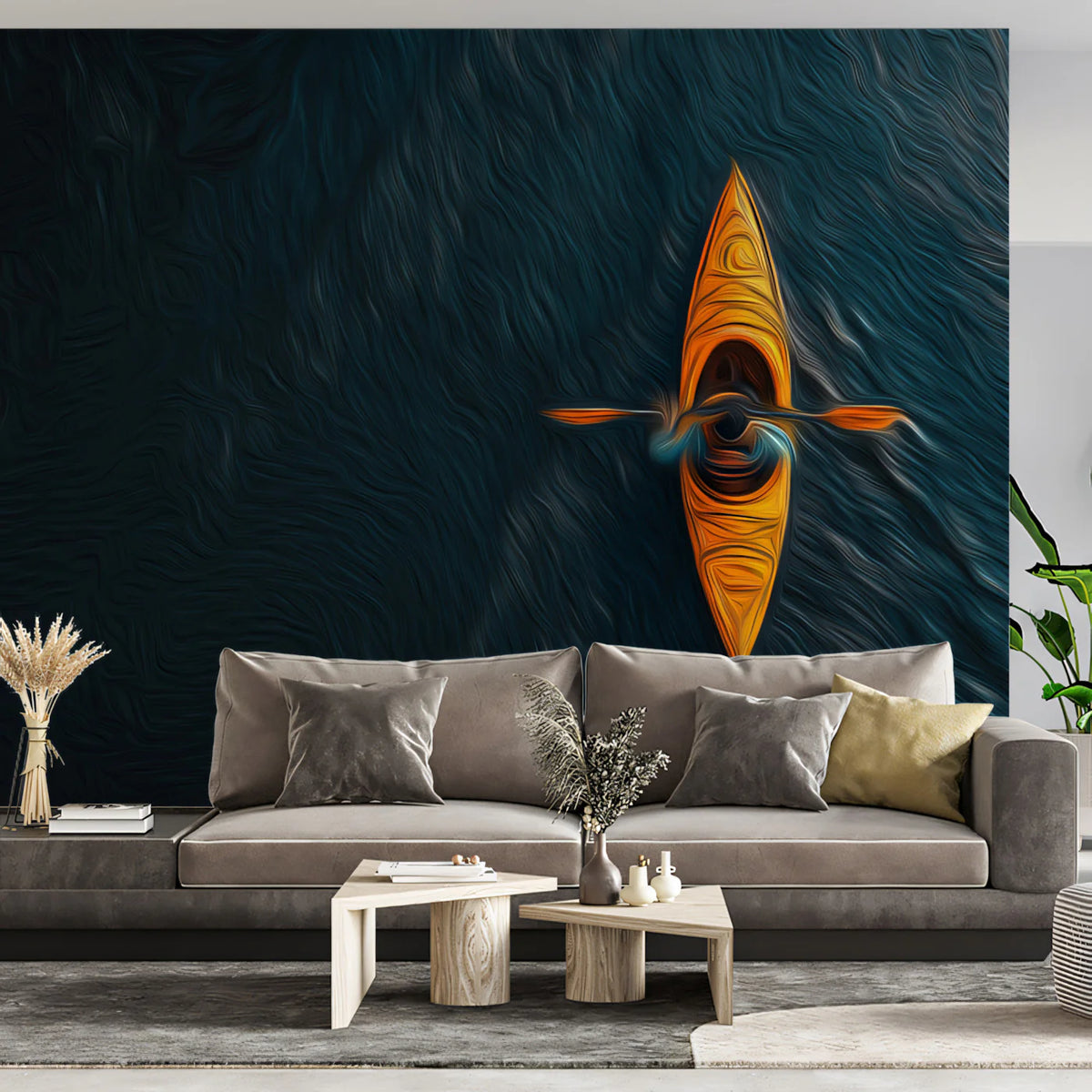 Solo Kayaker Oil Painting Mural Wallpaper — Expressive Water Motion Mural Wallpaper - pure wallpaper artwork