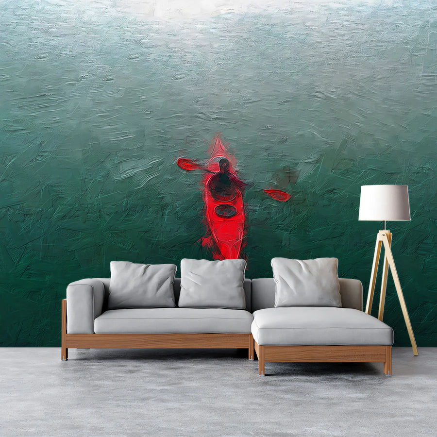 Solitary Red Kayak Mural Wallpaper — Impressionistic Oil Texture Mural Wallpaper