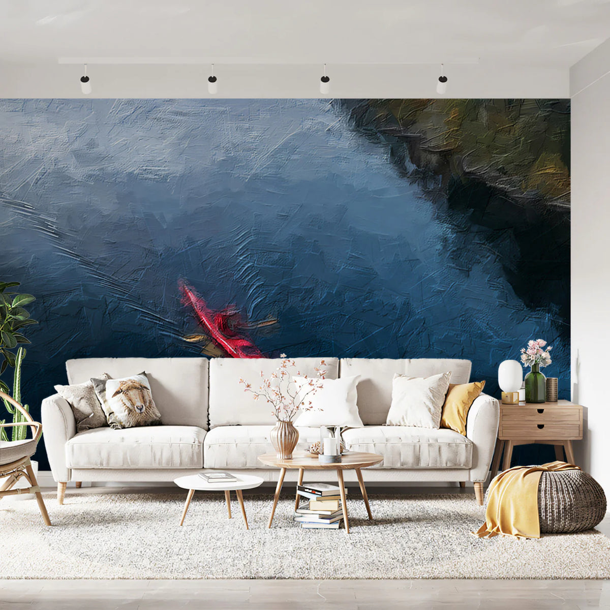 Red Kayak Forest River Mural Wallpaper Aerial View, Oil Painting, Moody Tones, Natural Landscape Mural Wallpaper - pure wallpaper artwork