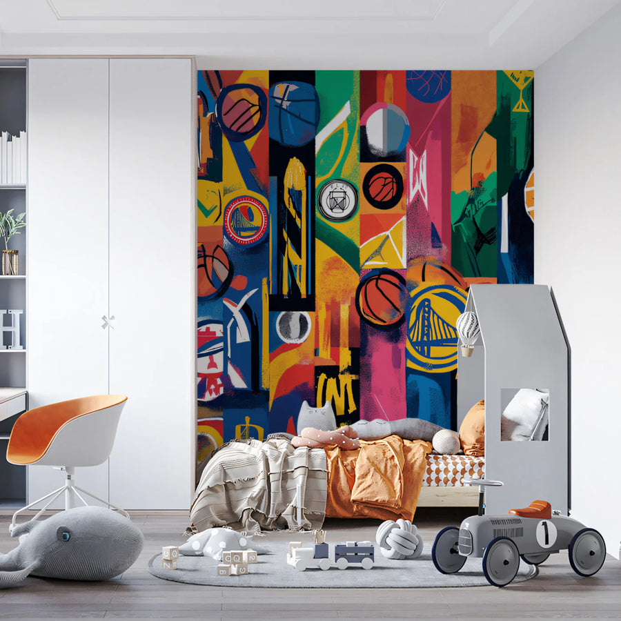 Basketball Collage Mural Wallpaper — Vibrant Pop Art Pattern Mural Wallpaper