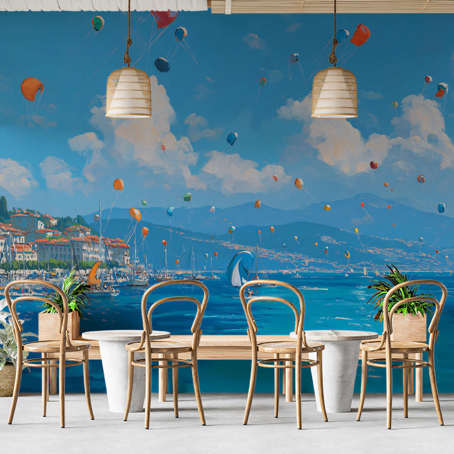 Mediterranean Kite Festival Mural Wallpaper — Coastal Oil Painting Mural Wallpaper
