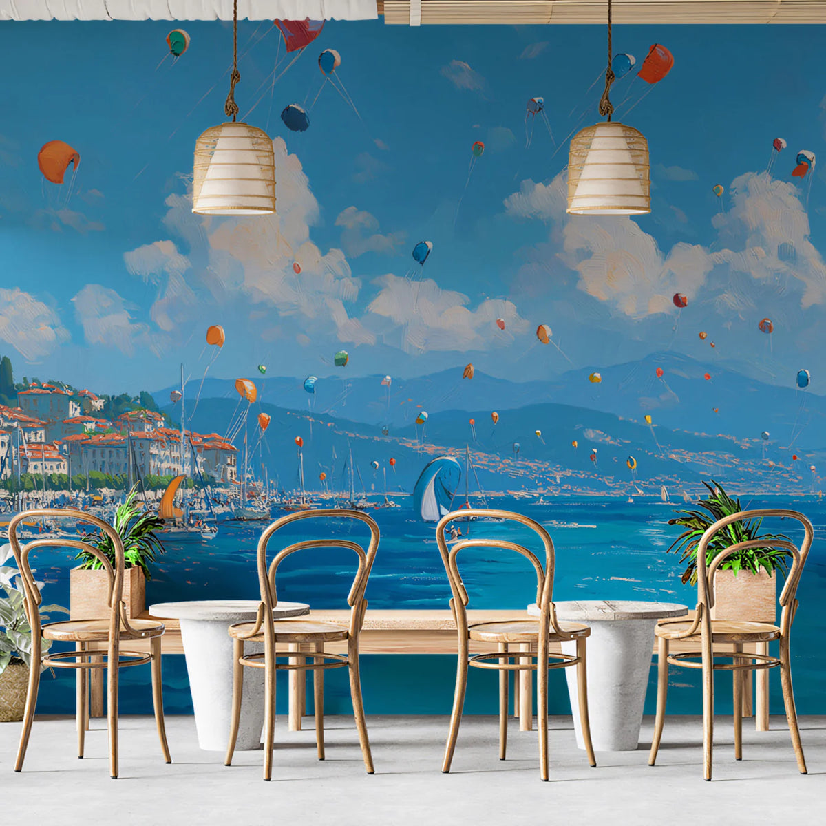 Mediterranean Kite Festival Mural Wallpaper — Coastal Oil Painting Mural Wallpaper - pure wallpaper artwork