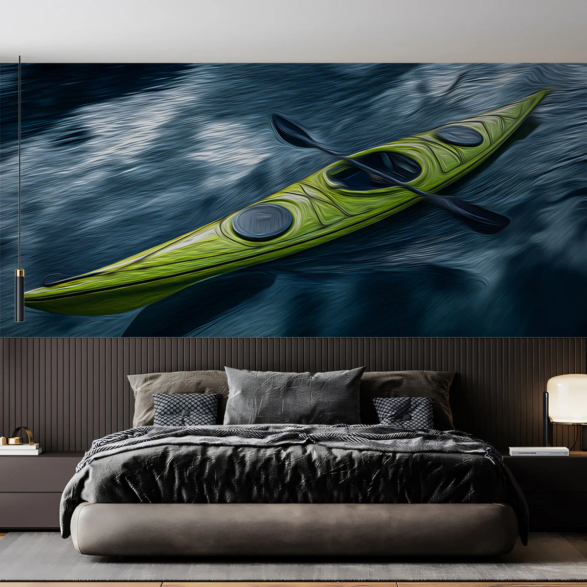 Neon Kayak on Dark Water Mural Wallpaper — Dynamic Oil Painting Mural Wallpaper - pure wallpaper artwork
