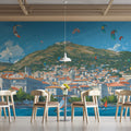 Mediterranean Coastal Town Mural Wallpaper — Artistic Hillside Village Mural Wallpaper - pure wallpaper artwork