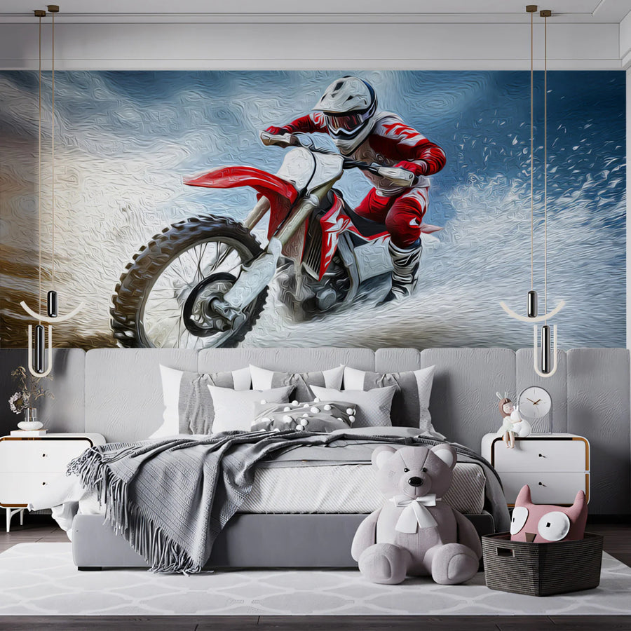 Motocross Action Oil Painting Mural Wallpaper — Dynamic Sports Art Mural Wallpaper