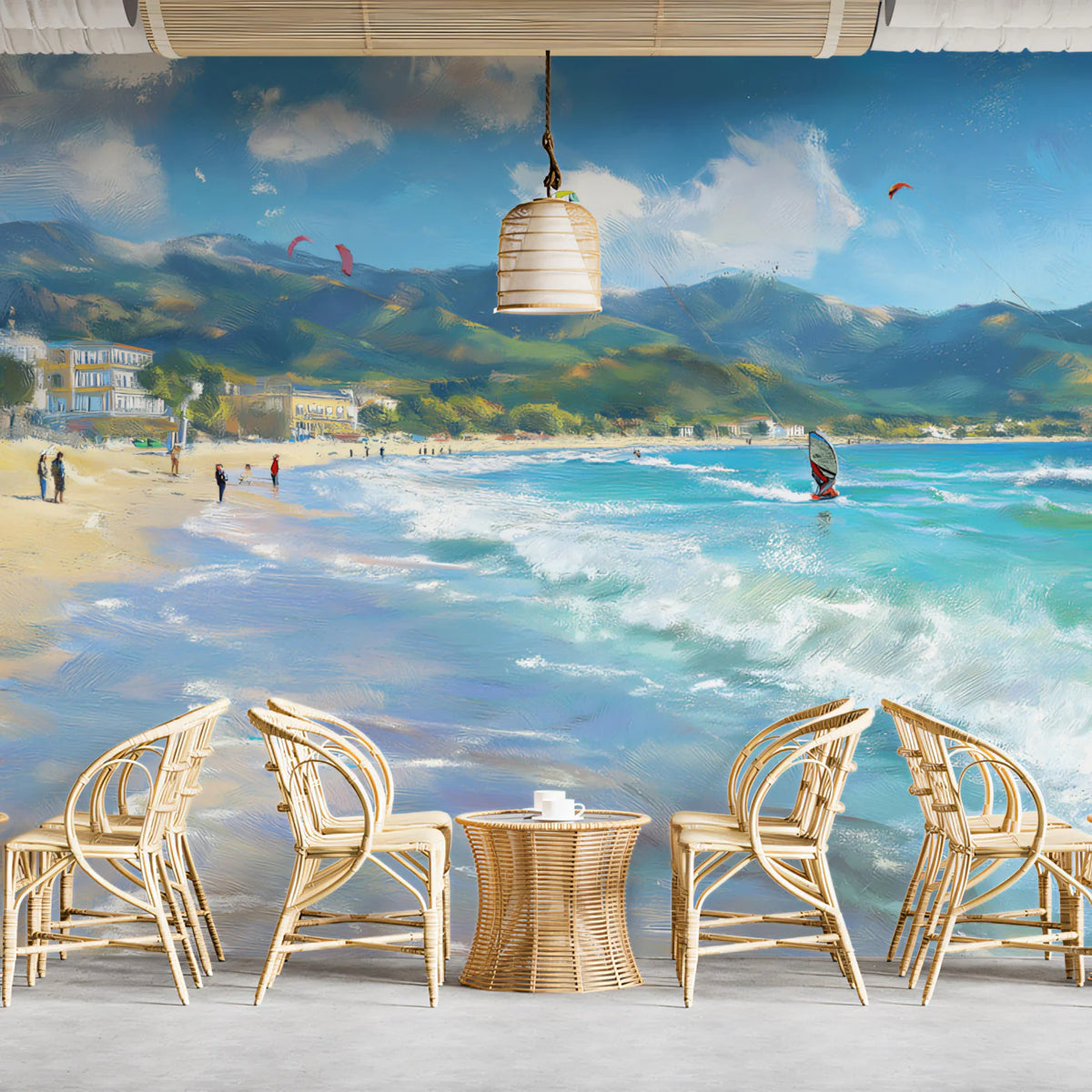 Mediterranean Coastal Windsurfing Mural Wallpaper — Impressionist Art Mural Wallpaper - pure wallpaper artwork