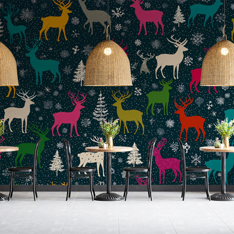 Winter Reindeer Forest Mural Wallpaper —Playful Holiday Pattern Mural Wallpaper