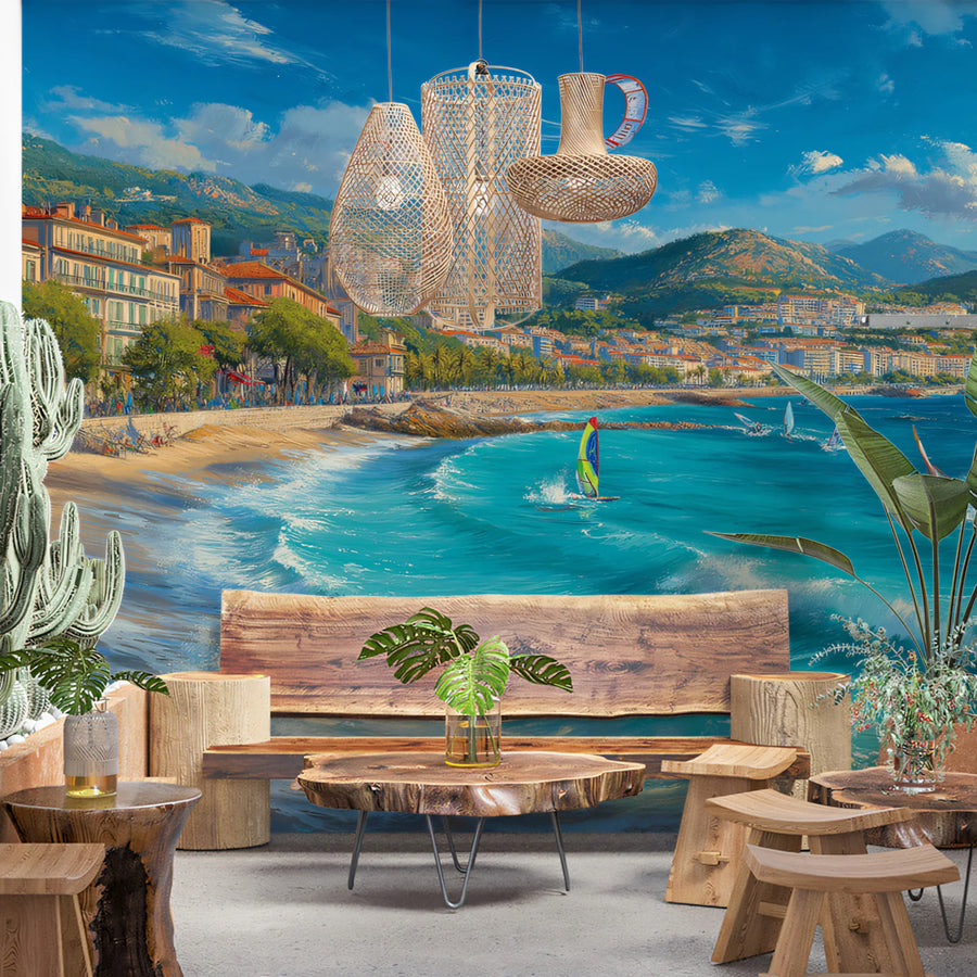 French Riviera Watersports Mural Wallpaper — Impressionistic Coastal Mural Wallpaper