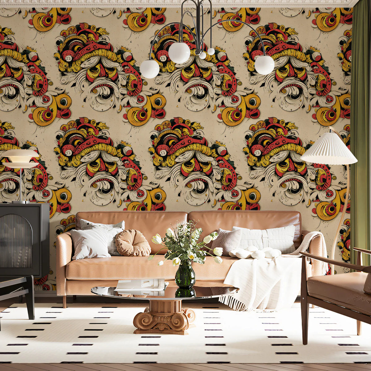 Eastern Dragon Folk Art Mural Wallpaper — Vibrant Mythical Motif Mural Wallpaper - pure wallpaper artwork