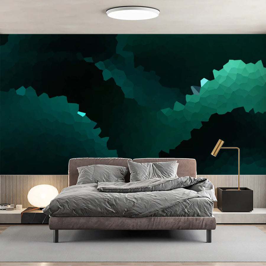 Deep Teal Geometric Mosaic Mural Wallpaper — Moody Abstract Design Mural Wallpaper