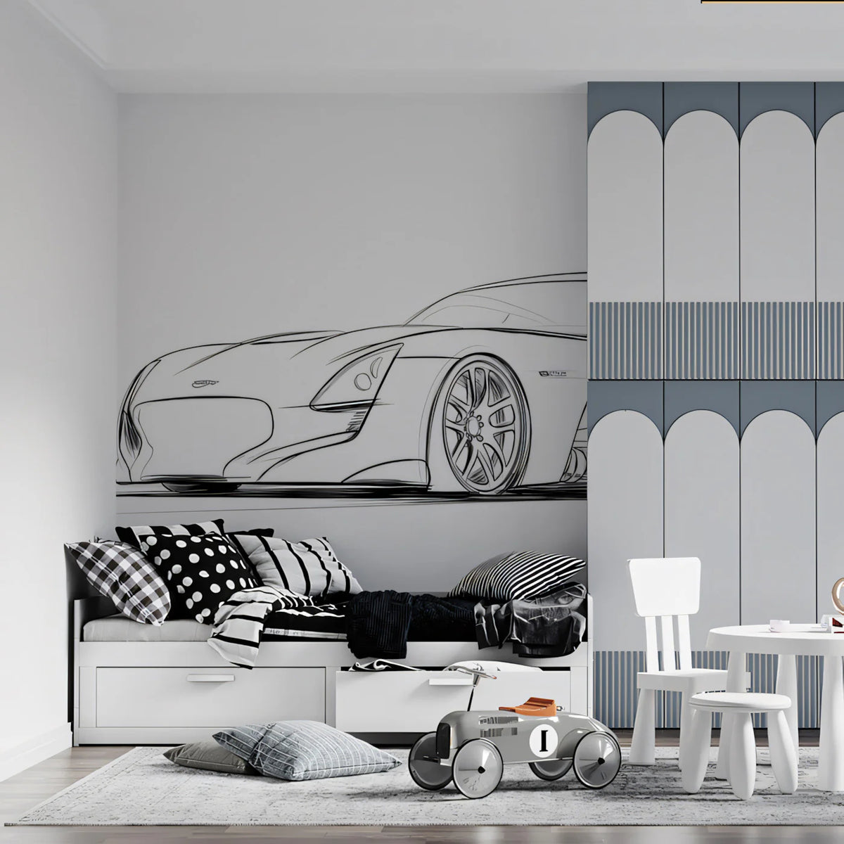 Sports Coupe Line Art Mural Wallpaper — Dynamic Minimalist Sketch Mural Wallpaper - pure wallpaper artwork