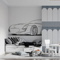 Sports Coupe Line Art Mural Wallpaper — Dynamic Minimalist Sketch Mural Wallpaper - pure wallpaper artwork