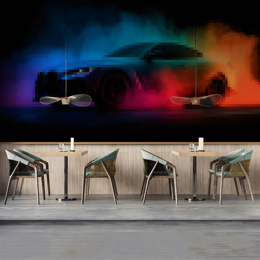 Neon Pixel Smoke Sports Car Mural Wallpaper — High-Octane Digital Mural Wallpaper