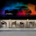 Neon Pixel Smoke Sports Car Mural Wallpaper — High-Octane Digital Mural Wallpaper - pure wallpaper artwork