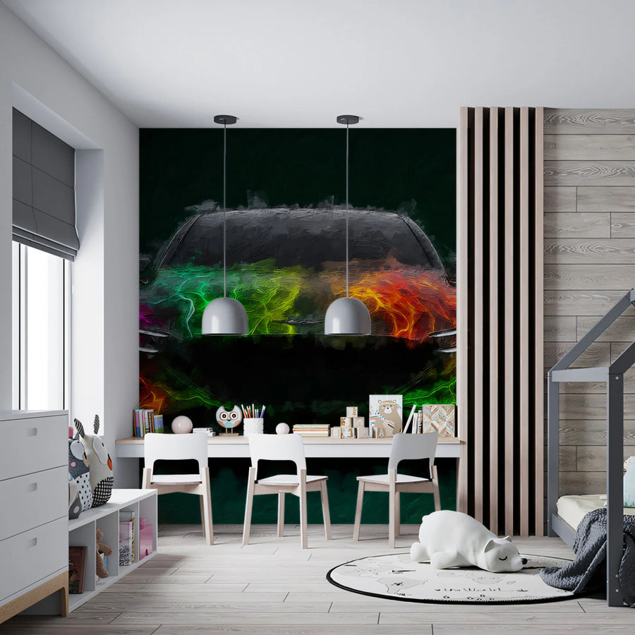 Neon Flame Luxury Car Mural Wallpaper — Abstract Artistic Energy Mural Wallpaper