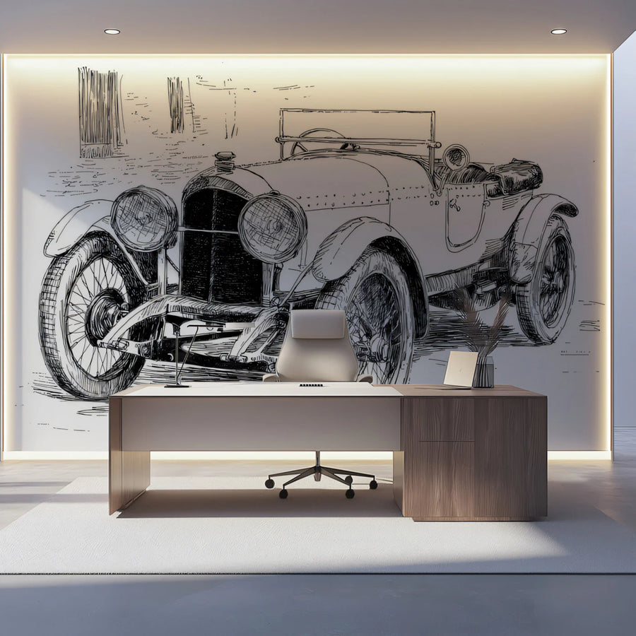 Vintage Roadster Sketch Mural Wallpaper — Classic Automotive Art Mural Wallpaper