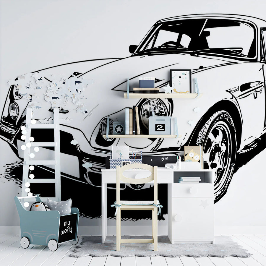 Vintage Sports Car Line Art Mural Wallpaper — Monochrome Auto Design Mural Wallpaper