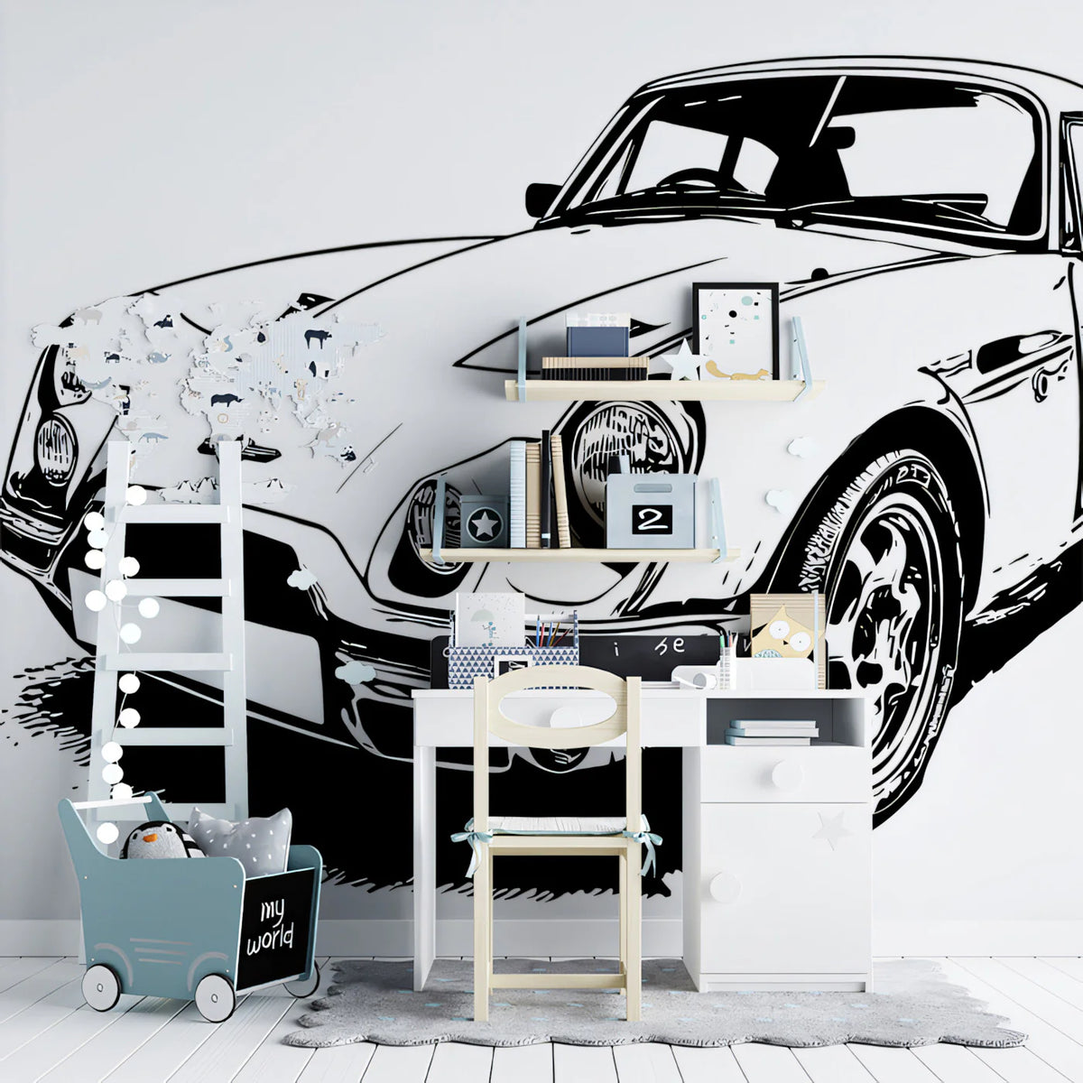 Vintage Sports Car Line Art Mural Wallpaper — Monochrome Auto Design Mural Wallpaper - pure wallpaper artwork
