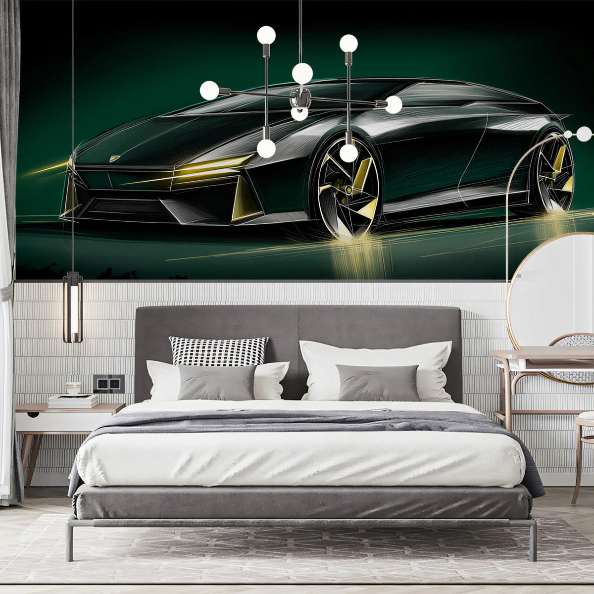 Futuristic Sports Car Sketch Mural Wallpaper —Modern Automotive Art Mural Wallpaper - pure wallpaper artwork