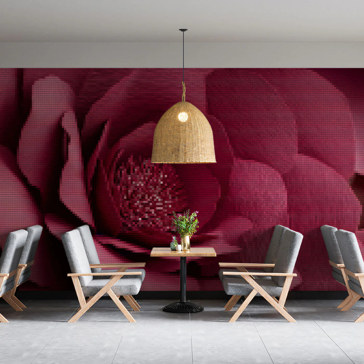 Pixel Rose Floral Mural Wallpaper — Modern Digital Mosaic Art Mural Wallpaper - pure wallpaper artwork