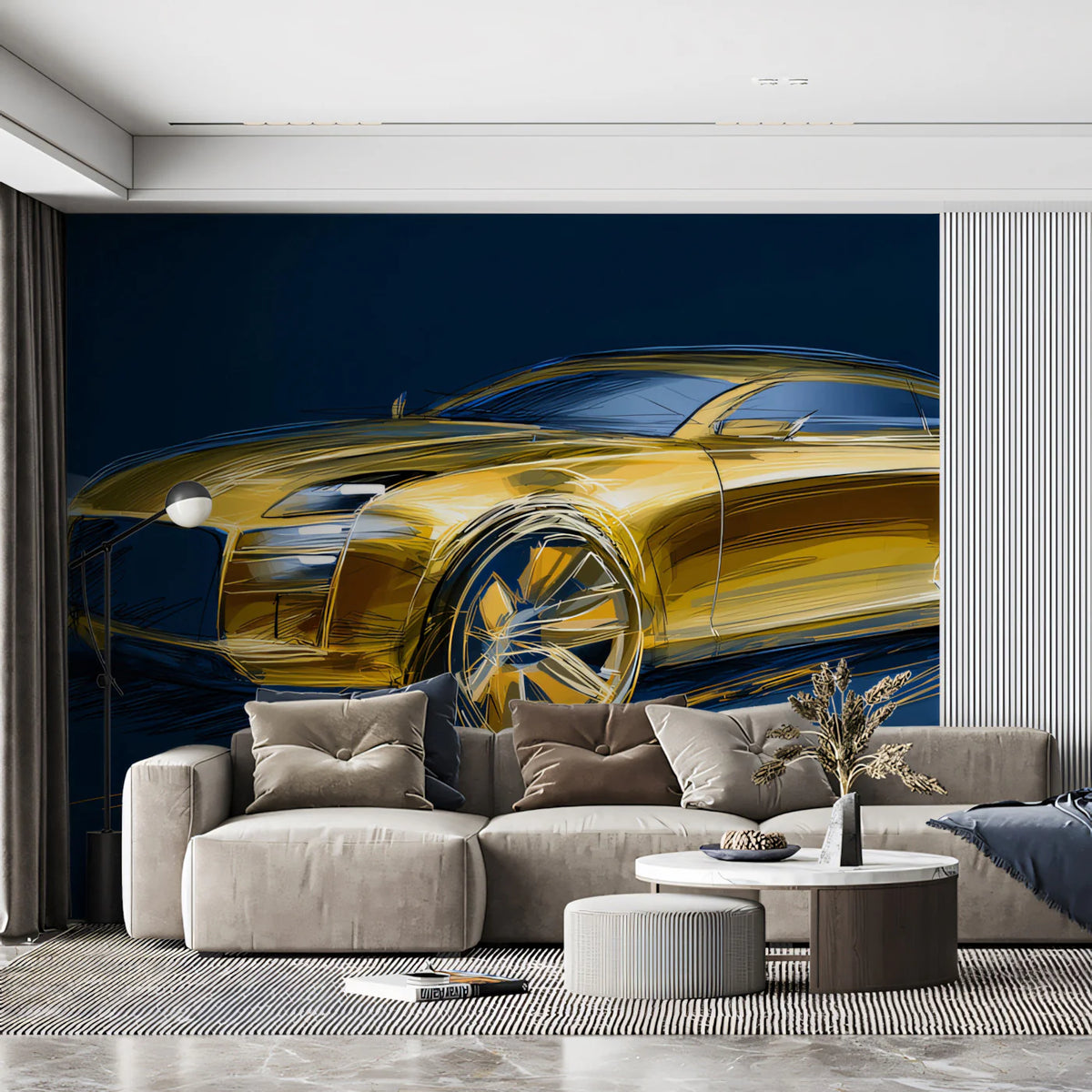 Golden Sportscar Sketch Mural Wallpaper — Dynamic Automotive Art Mural Wallpaper - pure wallpaper artwork