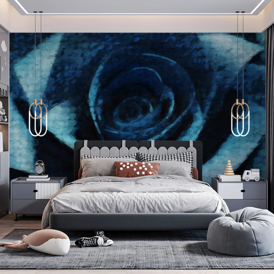 Deep Blue Rose Oil Painting Mural Wallpaper — Moody Floral Art Mural Wallpaper