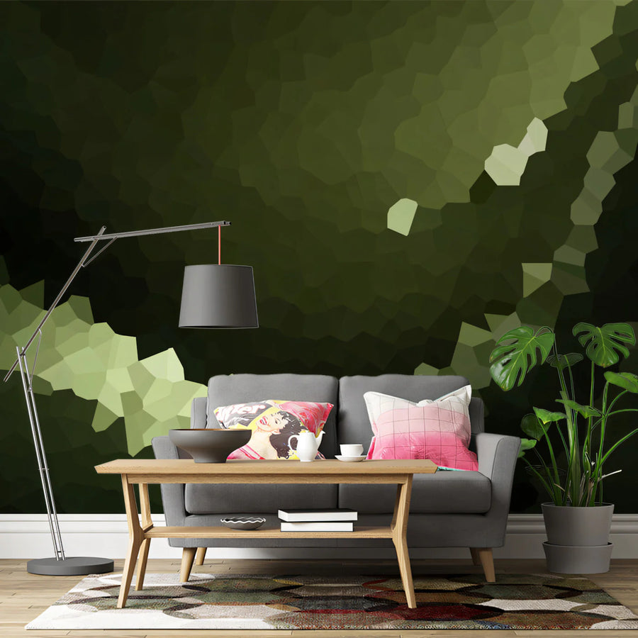 Abstract Olive Green Mosaic Mural Wallpaper — Geometric Earthy Depth Mural Wallpaper