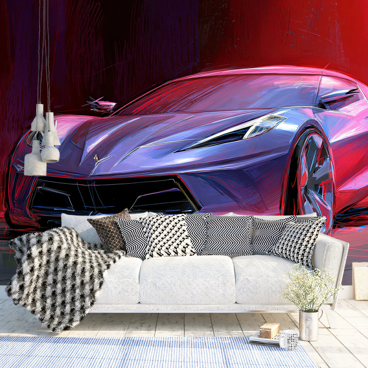 Neon Sports Car Sketch Mural Wallpaper — Bold Automotive Art Mural Wallpaper - pure wallpaper artwork