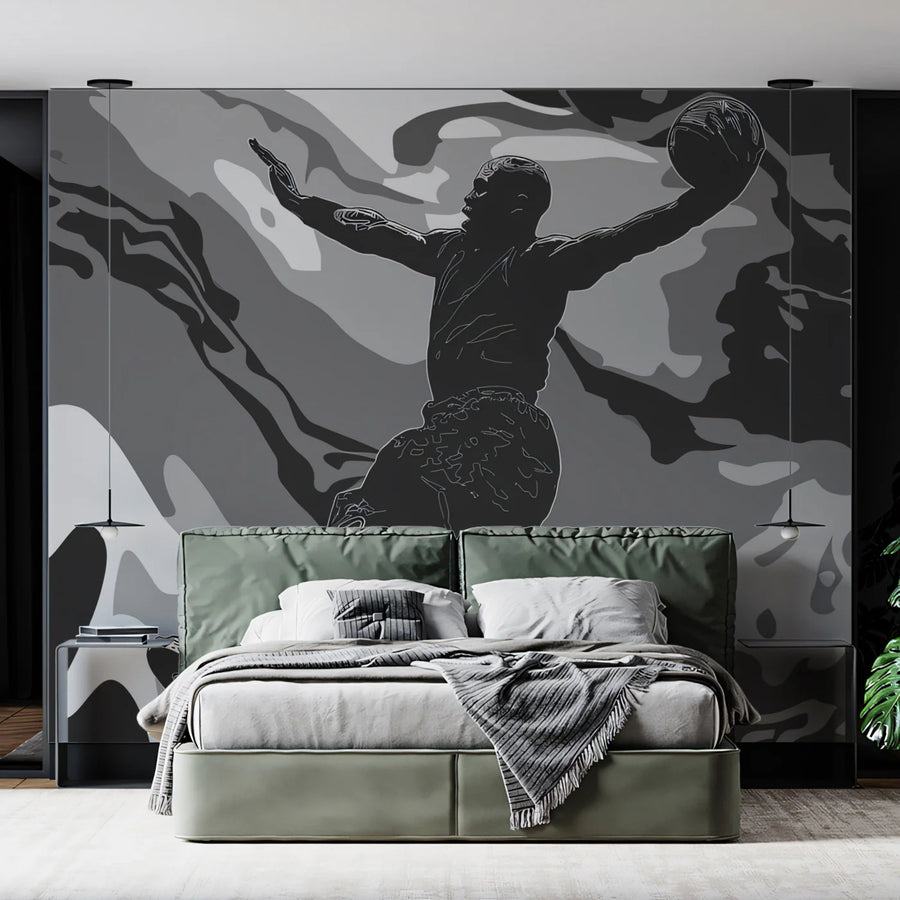 Basketball Dunk Abstract Mural Wallpaper — Monochrome Camo Design Mural Wallpaper