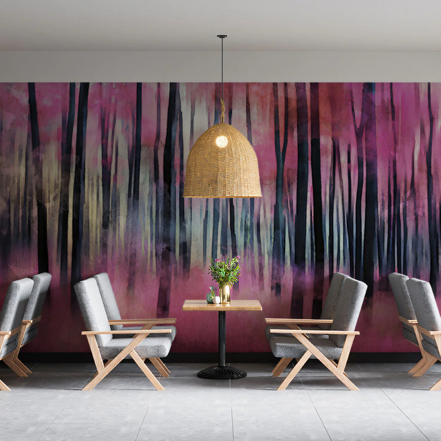 Abstract Magenta Forest Mural Wallpaper — Surreal Watercolor Landscape Mural Wallpaper
