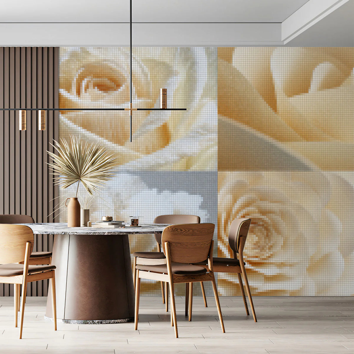 Quad Rose Mosaic Mural Wallpaper — Cream and Soft Amber Tones Mural Wallpaper - pure wallpaper artwork