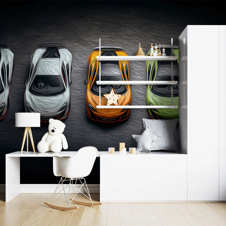 Hypercar Lineup Mural Wallpaper — Automotive Oil Painting Style Mural Wallpaper