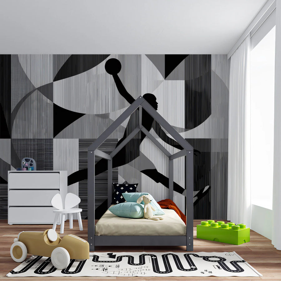 Basketball Dunk Geometric Mural Wallpaper — Dynamic Monochrome Mural Wallpaper