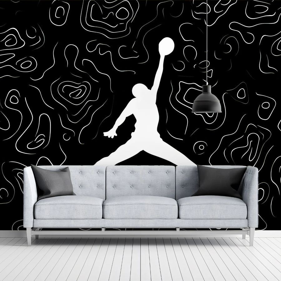 Basketball Contour Line Mural Wallpaper — Graphic Athletic Style Mural Wallpaper