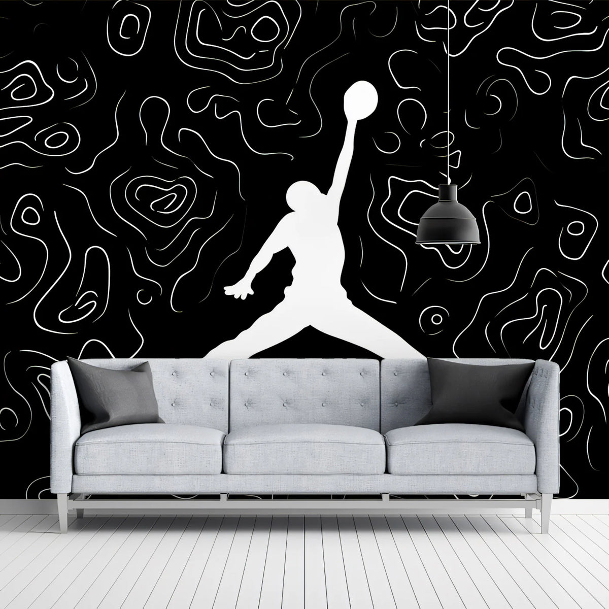 Basketball Contour Line Mural Wallpaper — Graphic Athletic Style Mural Wallpaper - pure wallpaper artwork