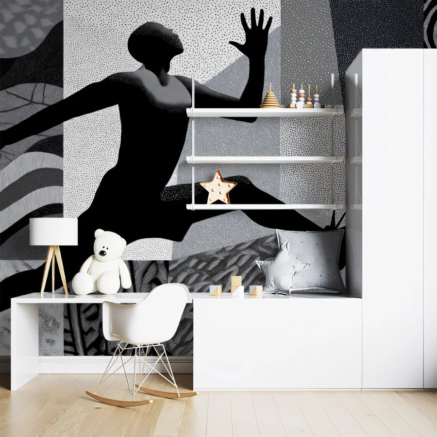 Athletic Silhouette Collage Mural Wallpaper — Graphic Monochromatic Mural Wallpaper