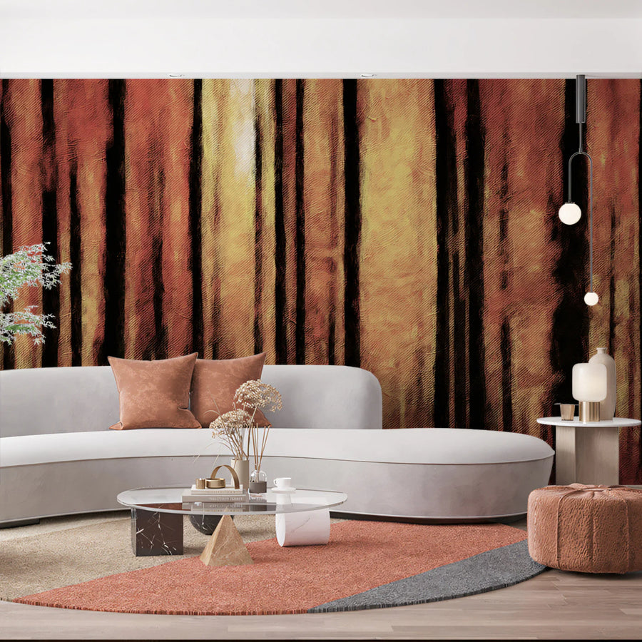 Fiery Autumn Forest Mural Wallpaper — Impressionistic Oil Style Mural Wallpaper