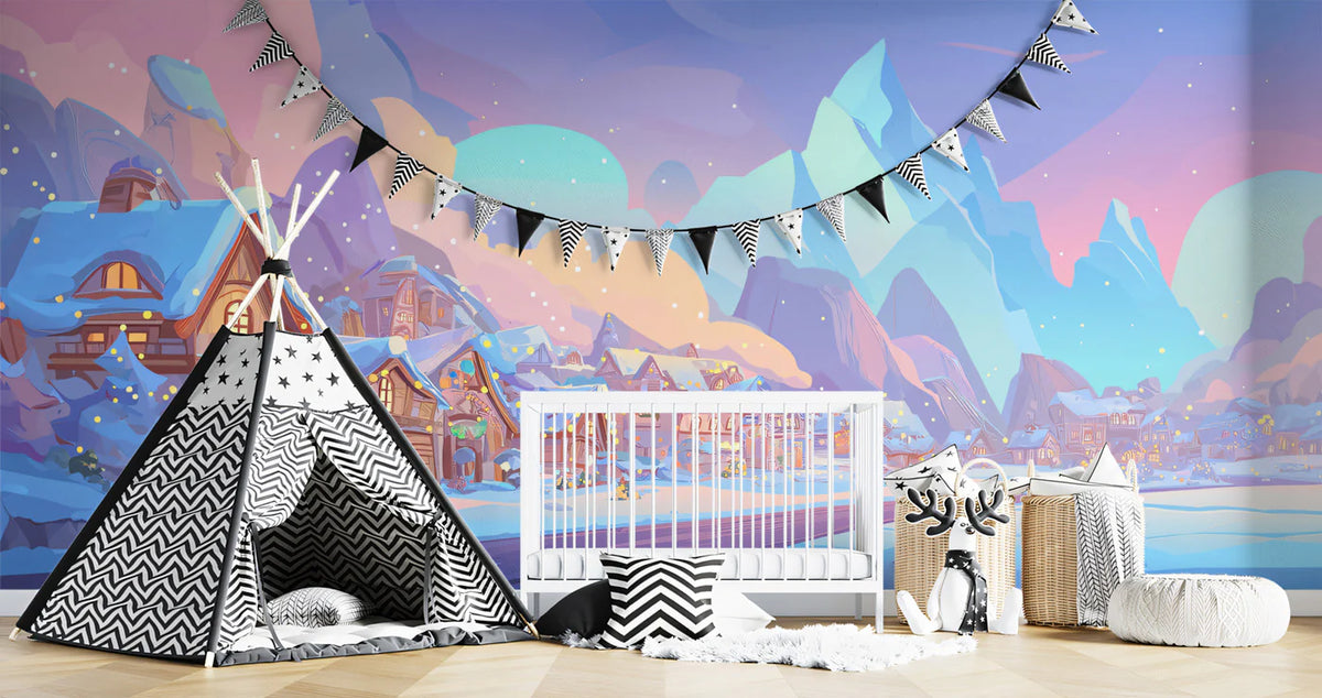 Arctic Christmas Village Mural Wallpaper — Whimsical Winter Scene Mural Wallpaper - pure wallpaper artwork