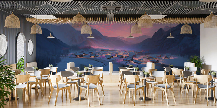 Alpine Snowy Village Mural Wallpaper — Sunset Winter Mountain Scene Mural Wallpaper