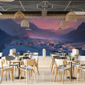 Alpine Snowy Village Mural Wallpaper — Sunset Winter Mountain Scene Mural Wallpaper - pure wallpaper artwork