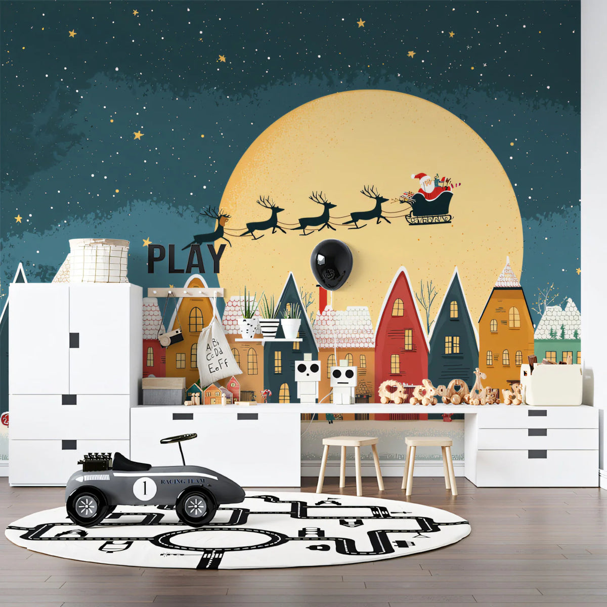 Christmas Village Night Mural Wallpaper — Whimsical Holiday Scene Mural Wallpaper - pure wallpaper artwork