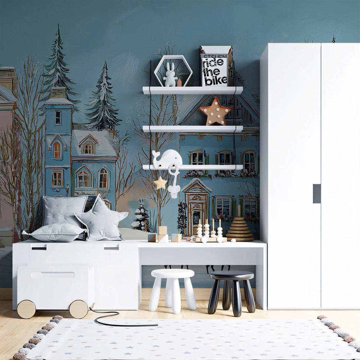 Pastel Christmas Village Mural Wallpaper — Whimsical Townscape Mural Wallpaper - pure wallpaper artwork