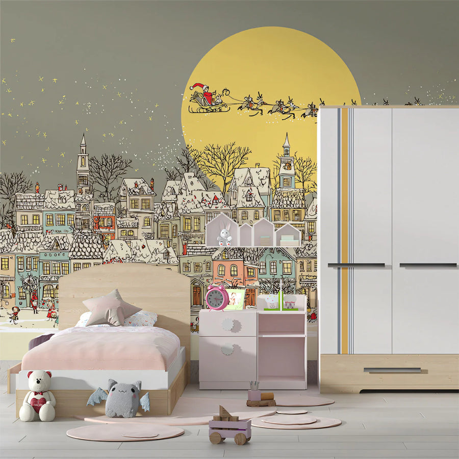 Christmas Town Sketch Mural Wallpaper — Whimsical Storybook Scene Mural Wallpaper