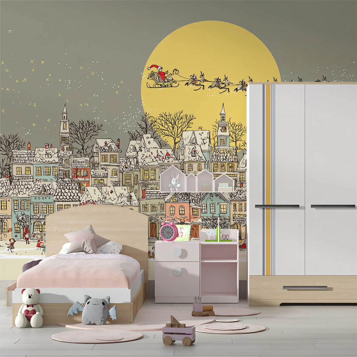 Christmas Town Sketch Mural Wallpaper — Whimsical Storybook Scene Mural Wallpaper - pure wallpaper artwork