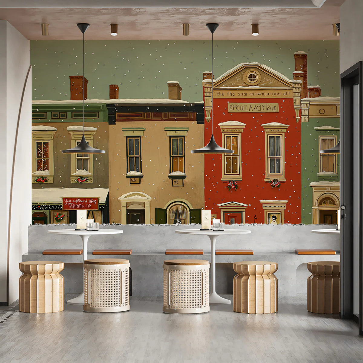 Snowy Townhouse Christmas Mural Wallpaper — Festive Street Scene Mural Wallpaper - pure wallpaper artwork