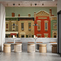 Snowy Townhouse Christmas Mural Wallpaper — Festive Street Scene Mural Wallpaper - pure wallpaper artwork
