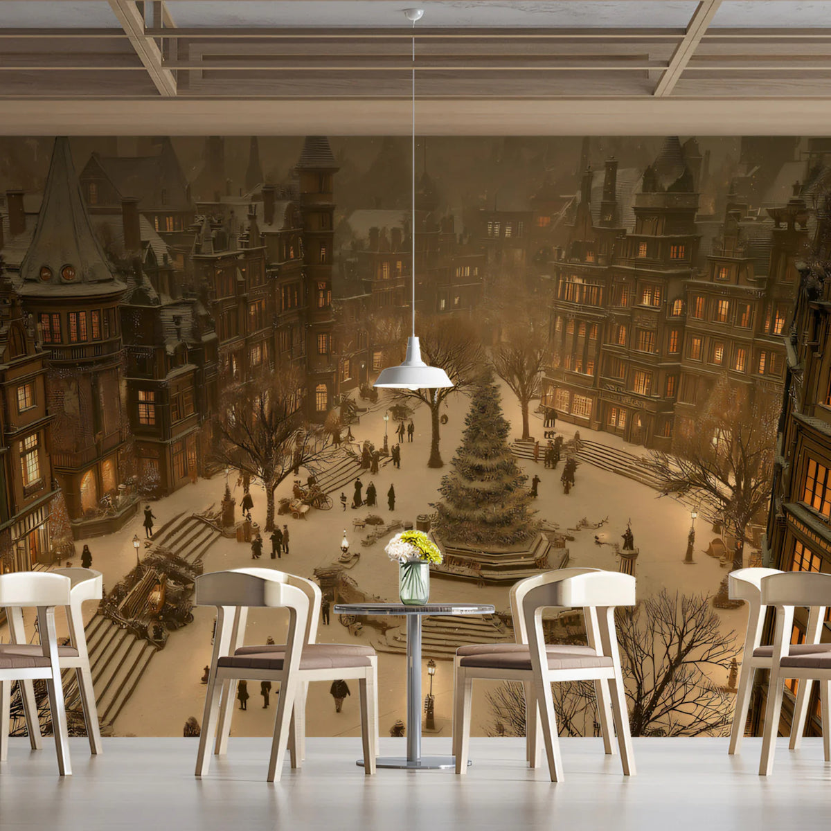 Victorian Winter Square Mural Wallpaper — Warm Golden Holiday Glow Mural Wallpaper - pure wallpaper artwork