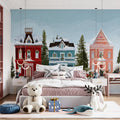 Winter Village Street Mural Wallpaper — Holiday Townhouse Scene Mural Wallpaper - pure wallpaper artwork